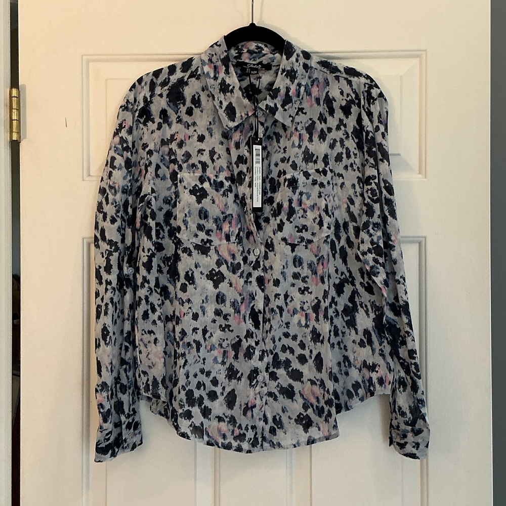 Charlie B Printed Drop Shoulder Cotton Voile Shirt Navy/Pink Animal Print NWT M